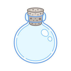 Empty glass vial with cork stopper. Cartoon style artwork. Vector illustration.