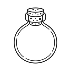 Empty glass vial with cork stopper. Cartoon outline style icon. Vector illustration.