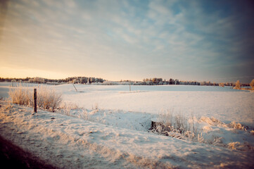 Scenic view of a winter sunset in the countryside