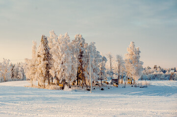 Scenic view of a winter sunset in the countryside