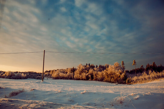 Scenic view of a winter sunset in the countryside