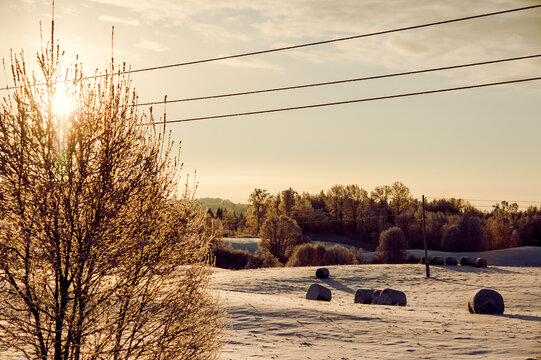 Scenic view of a winter sunset in the countryside