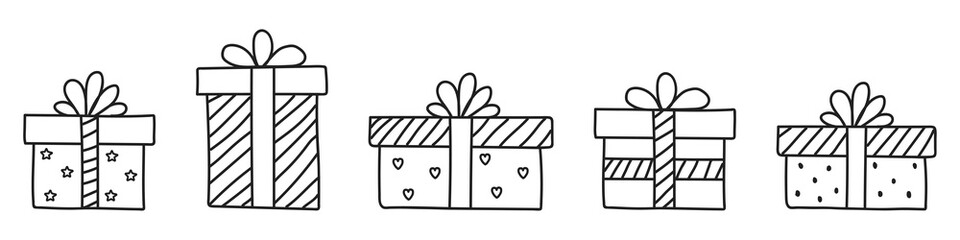 Hand drawn gifts. A set of gift boxes wrapped in paper and tied with a ribbon. Presents for birthday or any other celebration. Doodle style. Vector illustration
