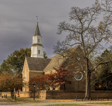 Bruton Parish Episcopal Church on a gloomy autumn day in Williamsburg, Virginia