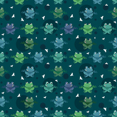Seamless pattern of funny green frogs and flies on a dark background. Children's modern style, yoga poses in meditation. cartoon theme. It can be used for fabric prints, wallpaper, packaging paper.