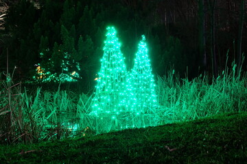 Holiday lights at night, tree with garland, Christmas installations