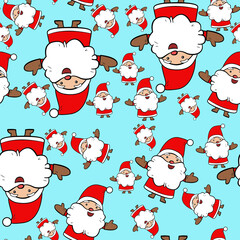 Christmas and New Year seamless pattern with painted Light claus on a blue background.  Sample and mockup for printing, gift wrapping, design of cards, fabrics and tablecloths, wallpapers.