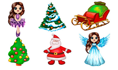 Christmas tree, fairy, ballerina, Santa Claus and sleigh