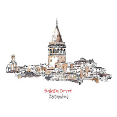 Obraz premium Vector sketch watercolor illustration with the Galata Tower in Istanbul, Turkey. Hand drawn famous turkish landmark, turkish sightseeing. Hand drawn sketch vector watercolor illustration. Urban sketch