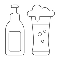 Bottle and Glass of Beer minimalistic art Vector. Black and white. White background. Line drawing.