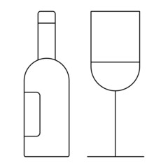 Wine bottle and Wine glass minimalistic art Vector. Black and white. White background. Line drawing.