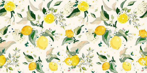 seamless pattern, vector Set of lemon branch. Flower, green leaves. fruit and splashing juice. arrangements - 475589380