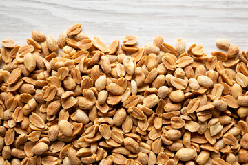 Roasted Salted Shelled Peanuts, top view. Copy space.