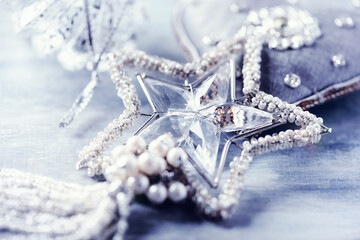 Christmas ornament on wooden background. Close up.
