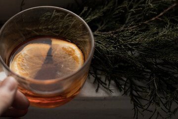 The hand holds a cup of tea with lemon slices. Nearby there are spruce branches on the windowsill