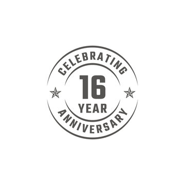 16 Year Anniversary Celebration Emblem Badge with Gray Color for Celebration Event, Wedding, Greeting card, and Invitation Isolated on White Background