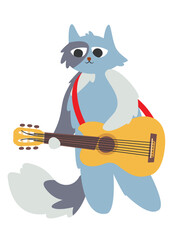 Cat plays the guitar. Cute character in doodle flat style