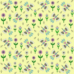 Vector graphics - a beautiful vintage seamless pattern with decorative flowers and fabulous birds on a trendy yellow background. Concept textiles or wallpaper