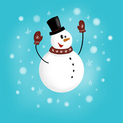 Christmas postcard with smiling snowman in black top hat, red scarf and mittens. Snowfall. Illustration on blue background.