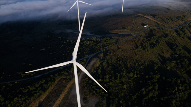 Wind turbines on the mountain. Aerial photography