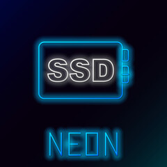 Glowing neon line SSD card icon isolated on black background. Solid state drive sign. Storage disk symbol. Colorful outline concept. Vector