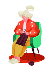 Illustrations of a grandmother, an elderly woman, who knits a scarf. Vector illustration, character design.