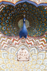 Ornate Peacock Gate in the City Palace, blue peacocks, Jaipur, Rajasthan, India, Asia 