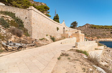 Cemetery entrance on the Levanzo island, smallest of the Aegadian Islands in the Mediterranean Sea in Sicily, province of Trapany, Italy