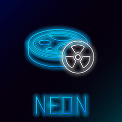Glowing neon line Laboratory chemical beaker with toxic liquid icon isolated on black background. Biohazard symbol. Dangerous symbol with radiation icon. Colorful outline concept. Vector