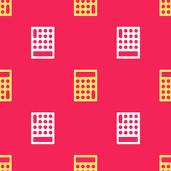 Yellow Calculator icon isolated seamless pattern on red background. Accounting symbol. Business calculations mathematics education and finance. Vector