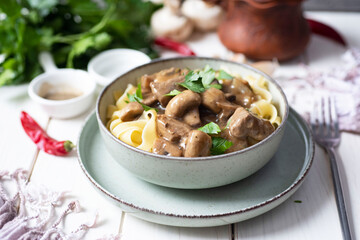 A hearty meal for lunch for the family: fettuccine with mushrooms and beef in a spicy sauce in a beautiful plate on a white table. Pasta with meat and mushrooms for dinner. Close-up