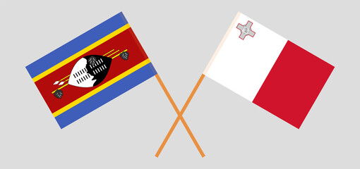 Crossed flags of Eswatini and Malta. Official colors. Correct proportion