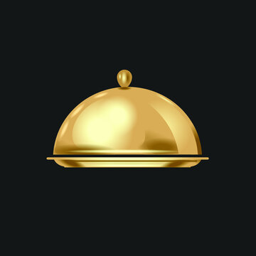 Food bell cloche tray, golden utensil, vector