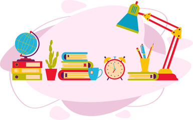 Accessories for training. Education. Globe, books, table lamp, clock. Office desk. Flat vector illustration.