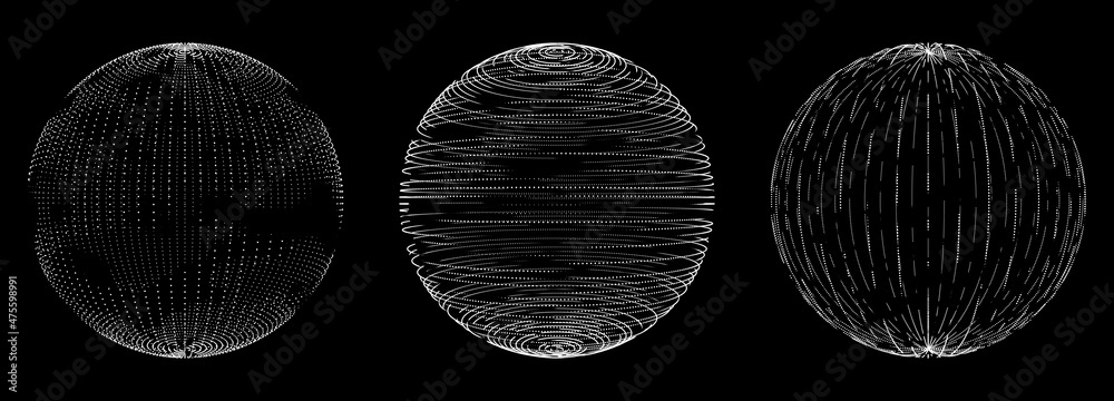 Fototapete Set of spheres. Abstract 3D spheres of particles. Futuristic digital technology. Network or connection. Vector illustration.
