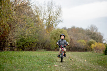 Boy in a helmet on a bicycle rides in the park