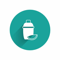 White Cocktail shaker with lime icon isolated with long shadow. Green circle button. Vector