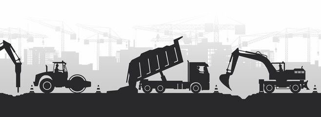 Obraz premium Panoramic view of silhouettes of soil compactor machinery, truck, wheel excavator, hammer excavator and operators working in a city under construction