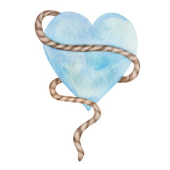 Watercolor illustration of hand painted blue heart with brown rope. Isolated on white design print. Clip art element for summer, Valentine's Day postcards, wedding invitations, fabric textile