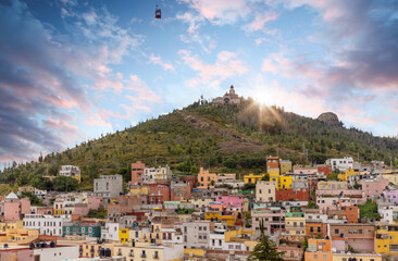 Colorful old city streets in historic city center of Zacatecas near central cathedral. It is a...