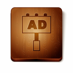 Brown Advertising icon isolated on white background. Concept of marketing and promotion process. Responsive ads. Social media advertising. Wooden square button. Vector