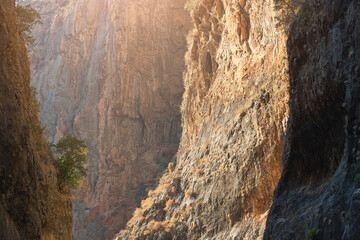 Sunlight reflects off the sheer cliffs in Saklikent Canyon in Turkey