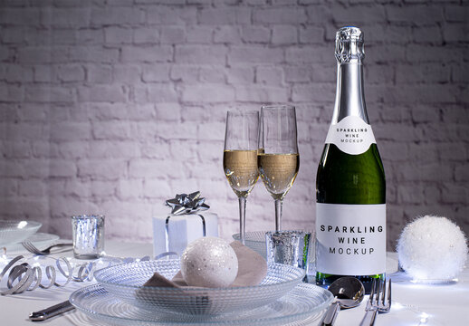 Champagne Bottle on a Festive White Holiday Restaurant Table