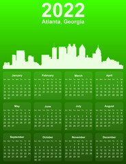 Green stylish 2022 year calendar with cityscape panorama of the city of Atlanta, Georgia - US State