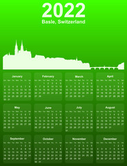 Green stylish 2022 year calendar with cityscape panorama of the city of Basle, Switzerland