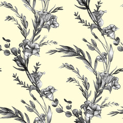 Botanical pattern with black and white eustoma flowers on a light yellow background. Seamless print for women summer dresses textile and surface design