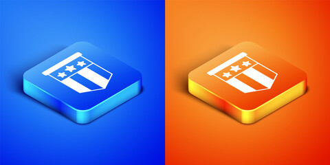Isometric American flag icon isolated on blue and orange background. Flag of USA. United States of America. Square button. Vector