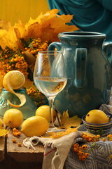 still life with leaves and fruits