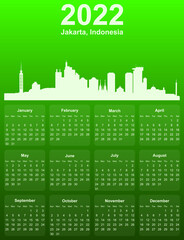 Green stylish 2022 year calendar with cityscape panorama of the city of Jakarta, Indonesia