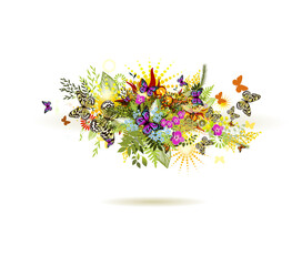 Floral summer abstraction with butterflies. Vector illustration